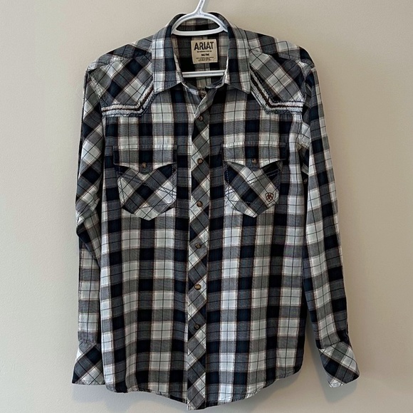 Ariat retrofit 100% cotton  western plaid snap button down long sleeve men's M - Picture 1 of 7